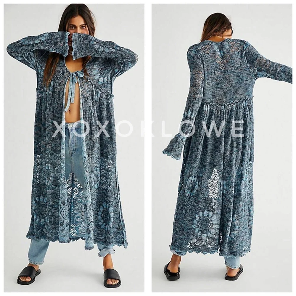 Free People Sea Spirit Tie Front Longline Cardigan | Deep Sea Color | NWT - Picture 12 of 12